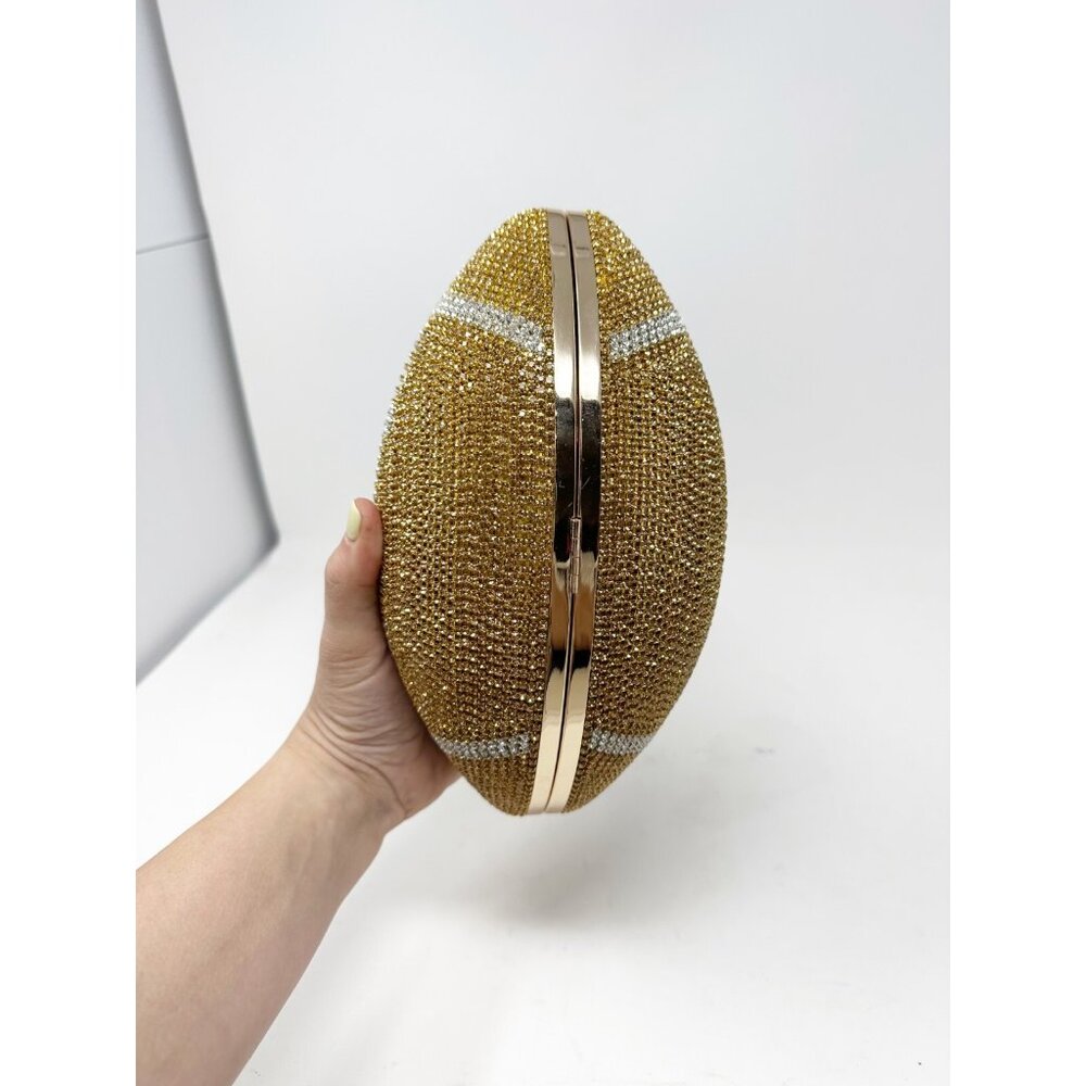 Bling Rhinestone Football Shaped Rugby Quirky Bag Purse Shoulder Handbag Gold - Picture 6 of 6